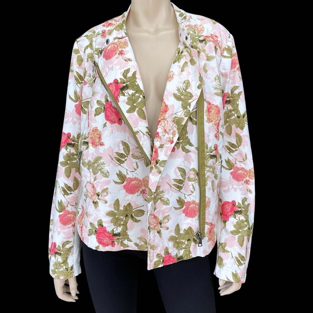 Lane Bryant Jacket Women 18 Ivory Pink Floral Long Sleeve Zip Moto Pockets NWT - Picture 8 of 16